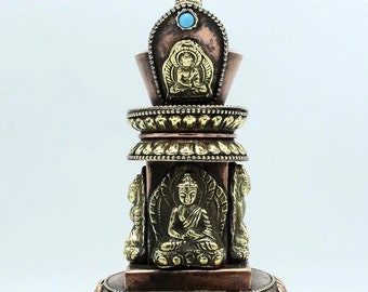 Chorten Incense Burner, Copper Dhyani Buddhas Stupa, 9" High