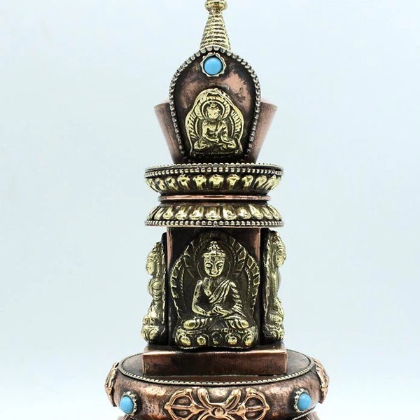 Chorten Incense Burner, Copper Dhyani Buddhas Stupa, 9" High