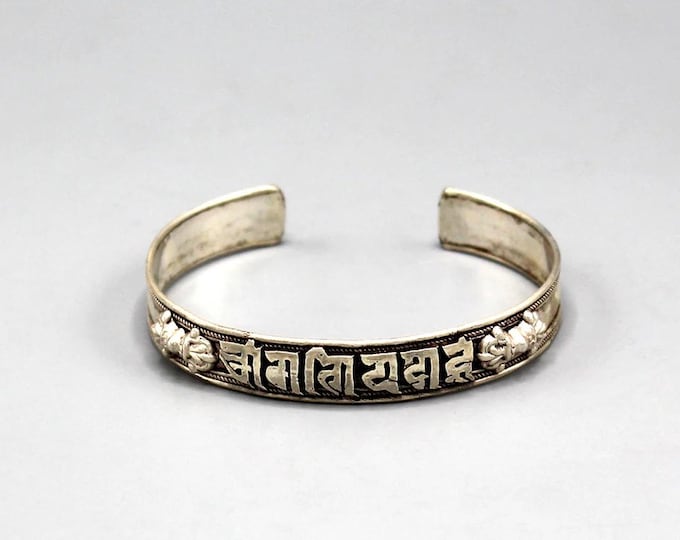 Tibetan .925 Sterling Silver Om Mani Cuff Bracelet, Small, Narrow, Adjustable, Adjustable Fit 5-8" Wrist Size, Nepal, LS12334