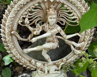 Shiva Naṭarāja, 12” Tall, Bonded Resin With Fine Detail, The Cosmic Dance, Antique Ivory Finish, India, 4-3/4 LBS