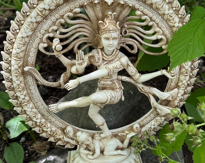 Shiva Naṭarāja, 12” Tall, Bonded Resin With Fine Detail, The Cosmic Dance, Antique Ivory Finish, India, 4-3/4 LBS