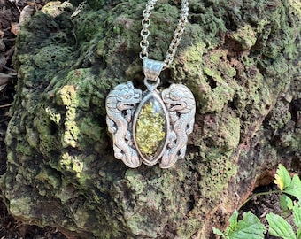 Genuine Green Amber Tibetan Pendant, Snow Lion and Deer Motif, Double-Sided, 21" Chain, Nepal, LS12690