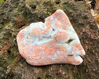 Cotton Candy Druzy Agate, Large Polished Freeform Palmstone, Peachy Pink, Blue Translucence, Druzy Pockets, Mexico, 279.20 Grams, CR12815