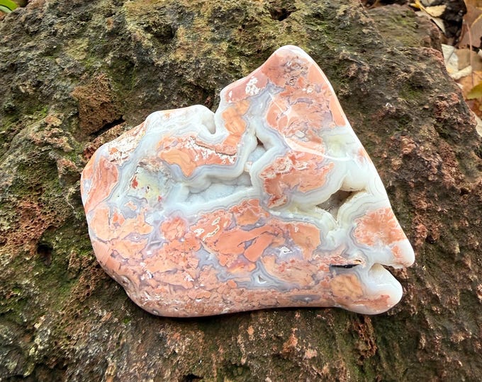 Cotton Candy Druzy Agate, Large Polished Freeform Palmstone, Peachy Pink, Blue Translucence, Druzy Pockets, Mexico, 279.20 Grams, CR12815