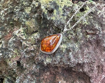 Vintage Genuine Baltic Amber Pendant, Polished, Clear with Inclusions, New 22" Chain Included, LS12669