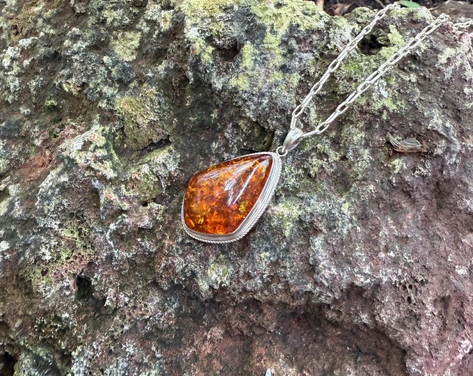 Vintage Genuine Baltic Amber Pendant, Polished, Clear with Inclusions, New 22" Chain Included, LS12669