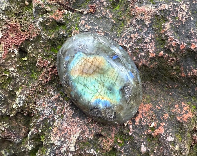 Labradorite, Oval Palm Stone, Polished, Colorful Flash, Madagascar, 64.80 Grams, CR12517