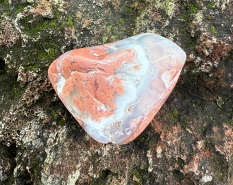Cotton Candy Druzy Agate, Polished Freeform Palmstone, Peachy Pink, Blue Translucence, Druzy Vein, Mexico, 66.90 Grams, CR12618