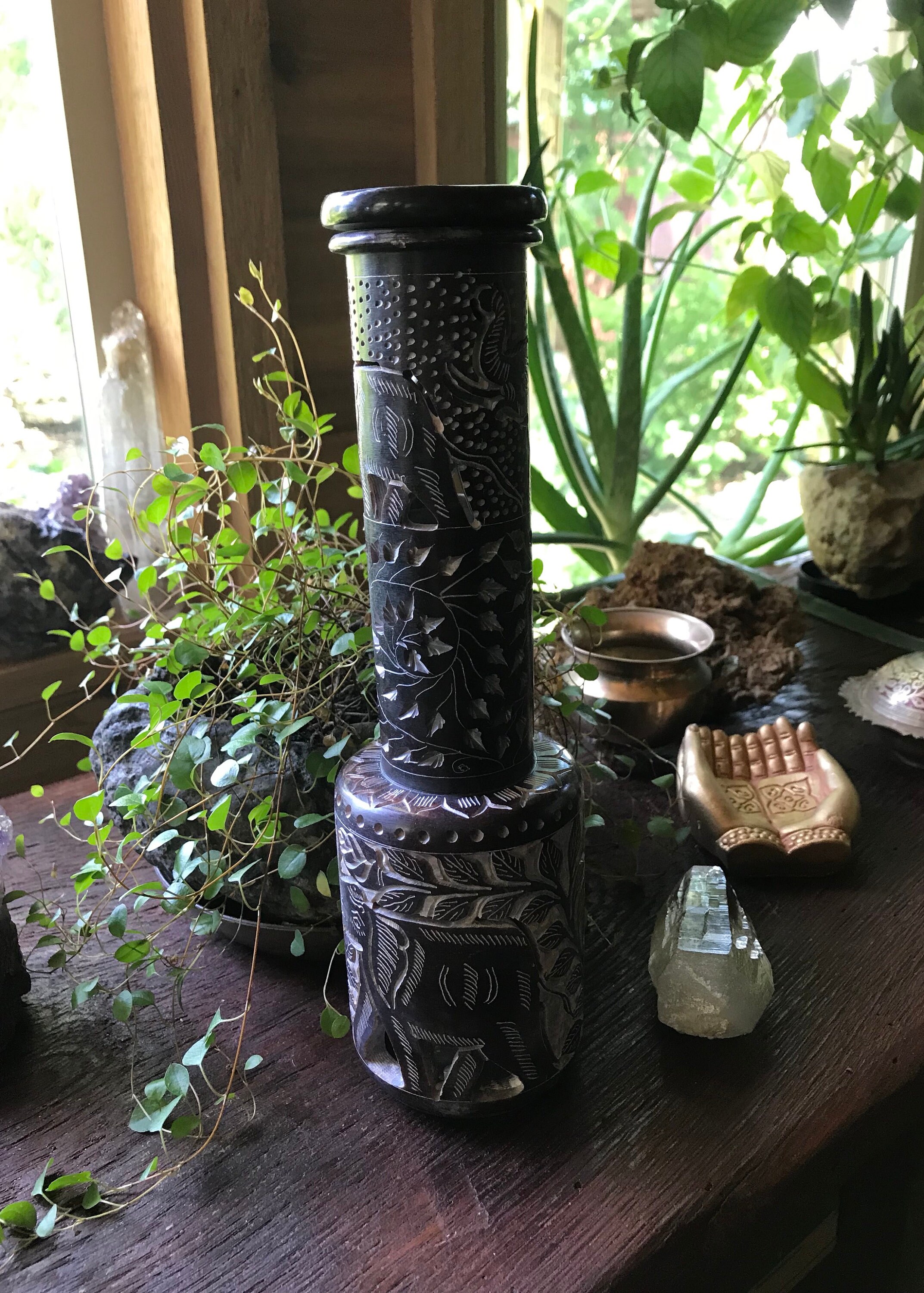 Incense Bottle, Soapstone Carved Tower, 12 Tall, 2 LBS , Incense