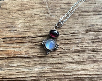 Moonstone and Garnet Necklace Handmade in Silver, Dainty Gemstone Pendant,  LS11633