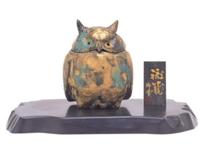 Japanese Incense Burner, Owl, Hand Painted Cast Iron with Tray, Includes Incense