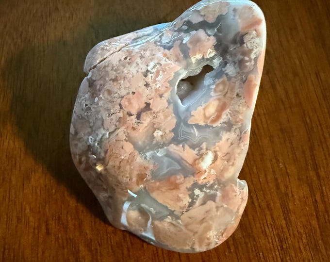 Cotton Candy Druzy Agate, 1/3 LB Polished Freeform Palmstone, Peachy Pink, Blue Translucence, Druzy Pockets, Mexico, 150.00 Grams, CR12606