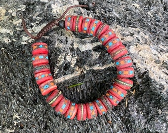 Tibetan Medicine Bracelet, Red Yak Bone, Metals, Stone, Adjustable, Vegetable Dyed, Nepal, CR5525