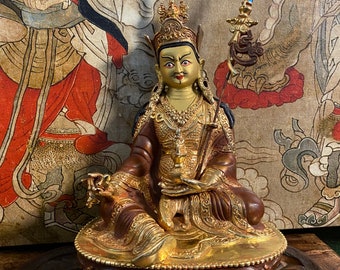 Padmasambhava, 2.5 LBS+ Guru Rinpoche, Beautifully Hand Crafted, Gold Plated Copper and Brass, 9 Inches Tall, Nepal