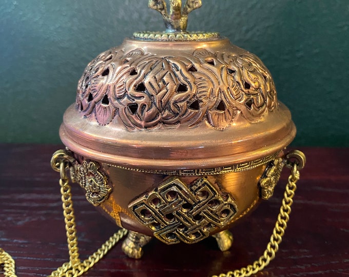 Tibetan Hanging Incense Burner, Copper with Brass Details, 2/3 LB- India TIB11454