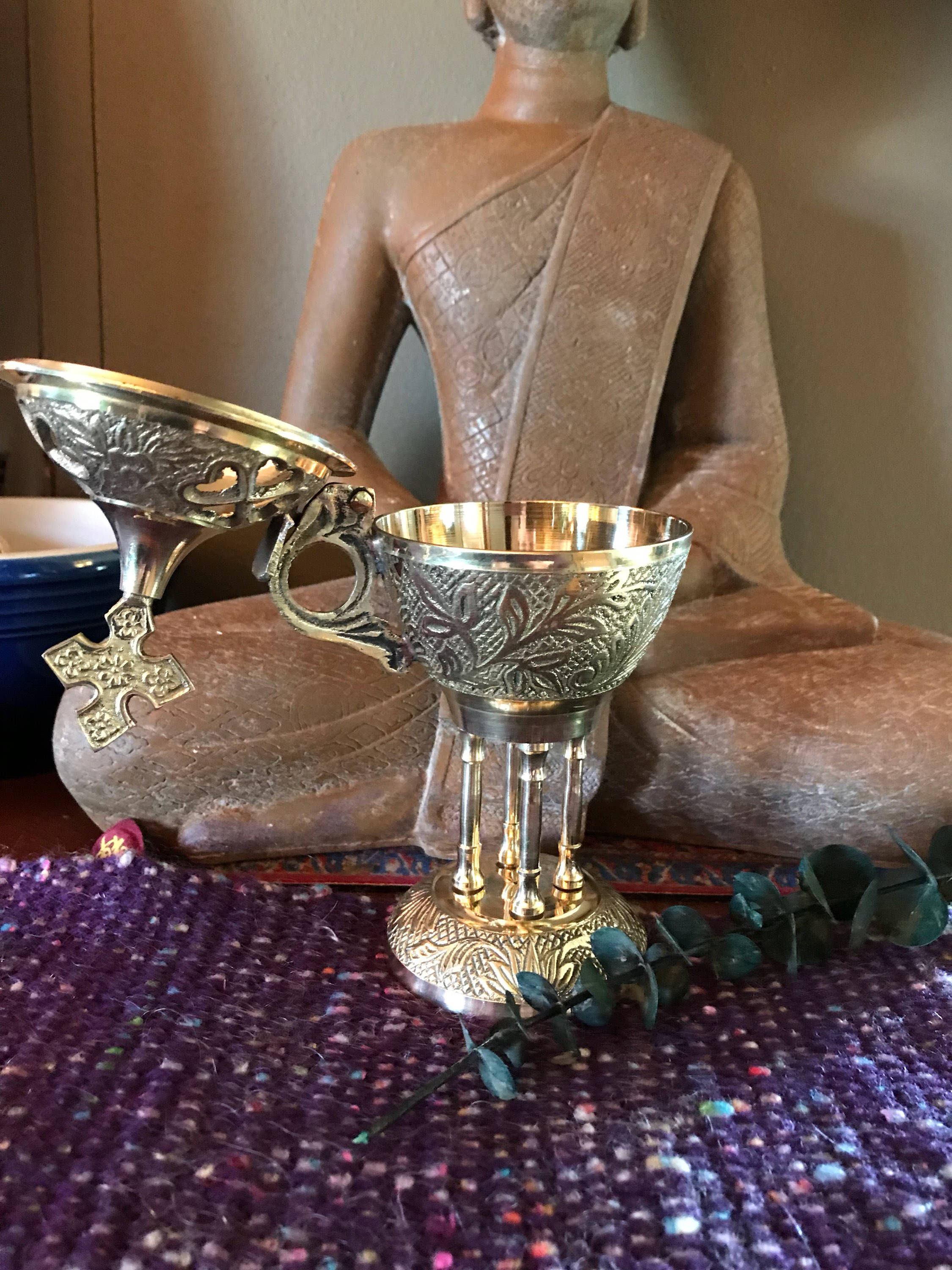 Brass ChurchType Incense Burner, Attached Lid, for Charcoal or Cones
