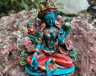 Green Tara, Bodhisattva of Compassion, Nepal, 6" Tall, Hand Painted Resin, STA11847