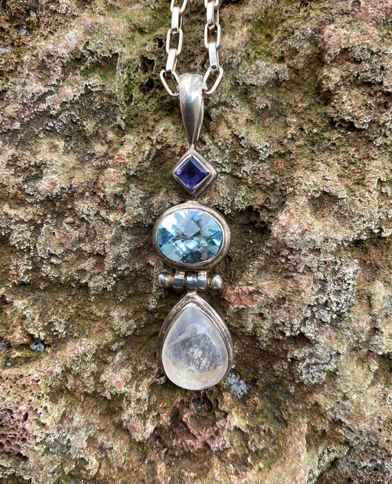 BEAUTIFUL Vintage Three Gemstone Drop Pendant, Sterling Silver with Rainbow Moonstone, Blue Topaz, & Tanzanite, LS10891