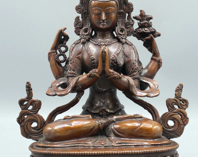 Chenrezig, Four Armed Buddha of Infinite Compassion, Handcrafted Oxidized Copper, 8-1/2" Tall, Nepal, ST11532