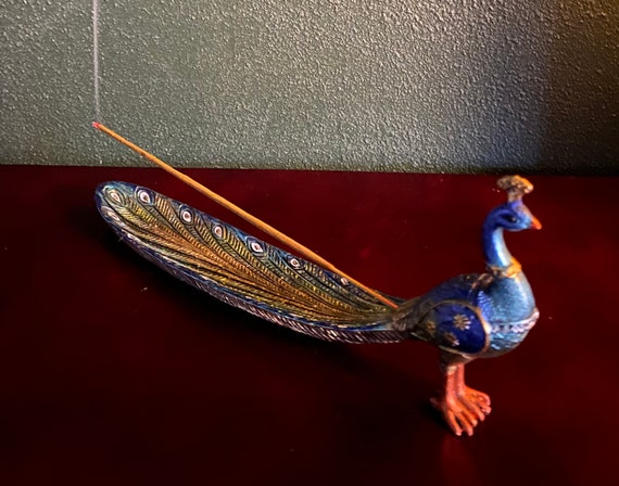 Peacock Incense Burner, Painted Resin, Includes Full Sleeve of Incense, 9.5” Long