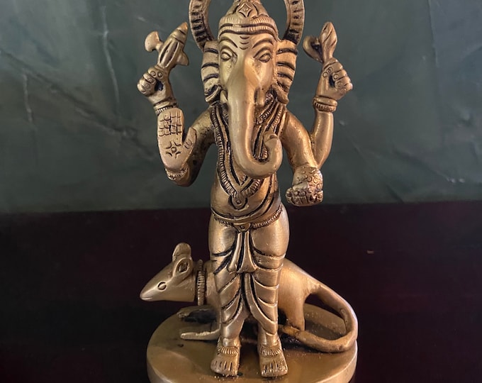 Standing Ganesha with Rat, Solid Brass Statue, Antique Finish, India, 5-3/4" H x 3" W x 2" TH, 1-1/4 LBS+