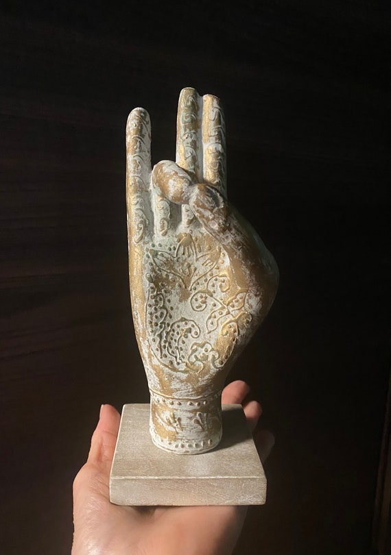Mudra,  Surya Ravi Hand Sculpture on Square Wooden Base, India, 2/3 LB, Ecomix Resin