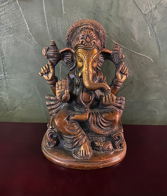 Seated Ganesha with Rat, Solid Brass Statue, Antique Finish, India, 6"H x 4"W X 2-1/2" TH, 2-1/2 LBS
