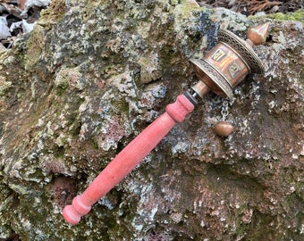 Tibetan Prayer Wheel, Handheld, Copper & Brass with Wooden Handle, Ritual Implement, 8" L, Nepal