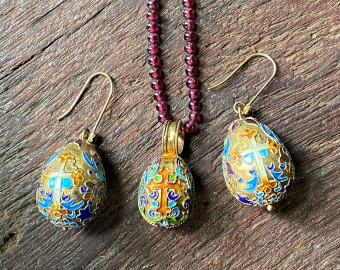 Vintage Czarina Egg Pendant and Matching Earrings Set, Garnet Bead Necklace, 24K Gold, Museum of Jewelry, MJ11173