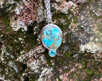 Turquoise and Blue Topaz Pendant, Hallmarked .925 Sterling Silver, Vintage, Silver Rolo Chain Included, LS11662