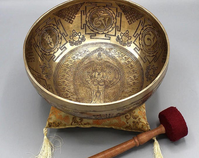 Avalokiteshvara Bodhisattva Tibetan Singing Bowl, 10" Diameter, Handmade Traditional, Includes Two Mallets, Book, Maroon Round Cushion