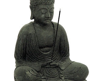 Buddha, Grey, Hand Cast Volcanic Stone Incense Burning, Indonesia, 8.5" Tall, 8 Pounds, RIT33600