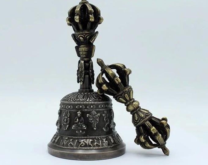 Tibetan Bell 5-1/2”, Small Ghanta & Dorje, Brass Bell and Vajra with Detail, RIT04