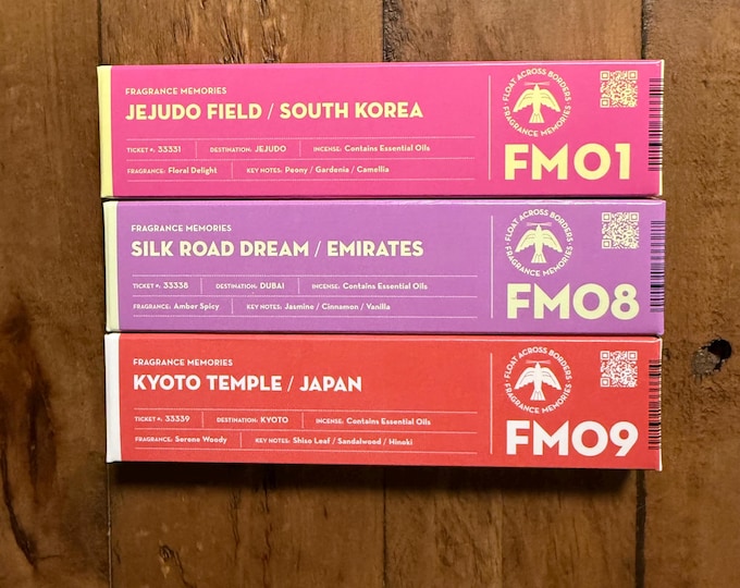 Fragrance Memories Japanese Incense, 3 Varieties, Kyoto Temple, Silk Road Dream, OR Jeju-do, Clean Burning, 15 Sticks and Holder Per Box