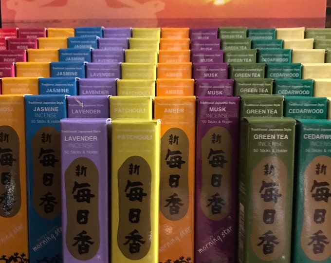 Morning Star Japanese-Style Incense, Boxed with Holder, 50 sticks per box, 5” Slender Sticks