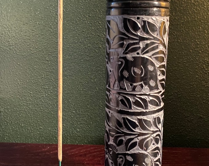 Incense Bottle, Elephant, Black Soapstone Carved Tower, 12" Tall, 2 LBS+, Incense Included