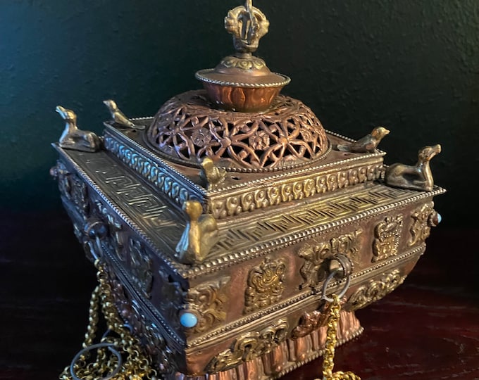 Tibetan Hanging Temple Censer, Large Copper and Brass, Vintage Style, Incense Burner Only OR with Incense
