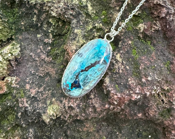 BEAUTIFUL Chrysocolla Pendant, Large, Vintage Handcrafted, 21" Chain, .925 Sterling Silver, LS12624