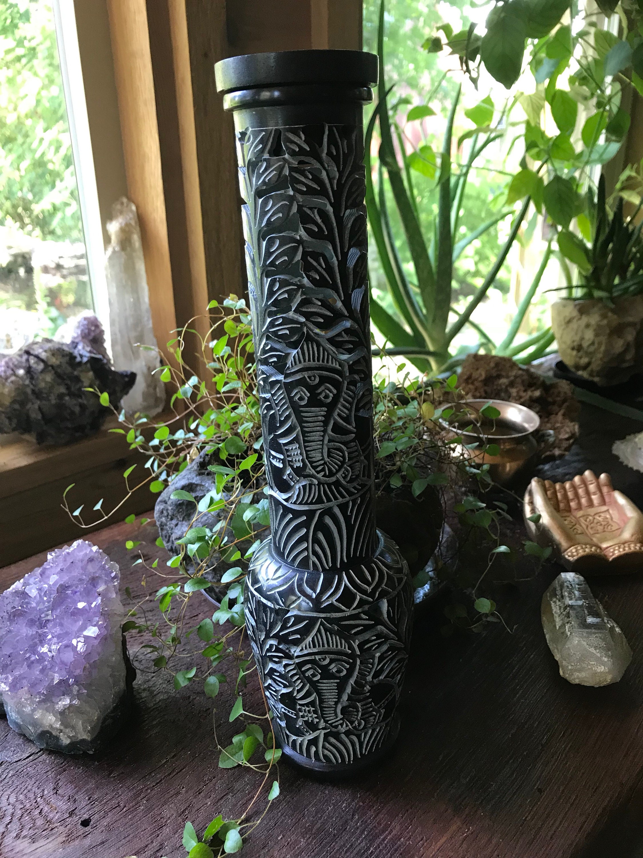 Incense Bottle, Soapstone Carved Tower, 12 Tall, 2 LBS , Incense