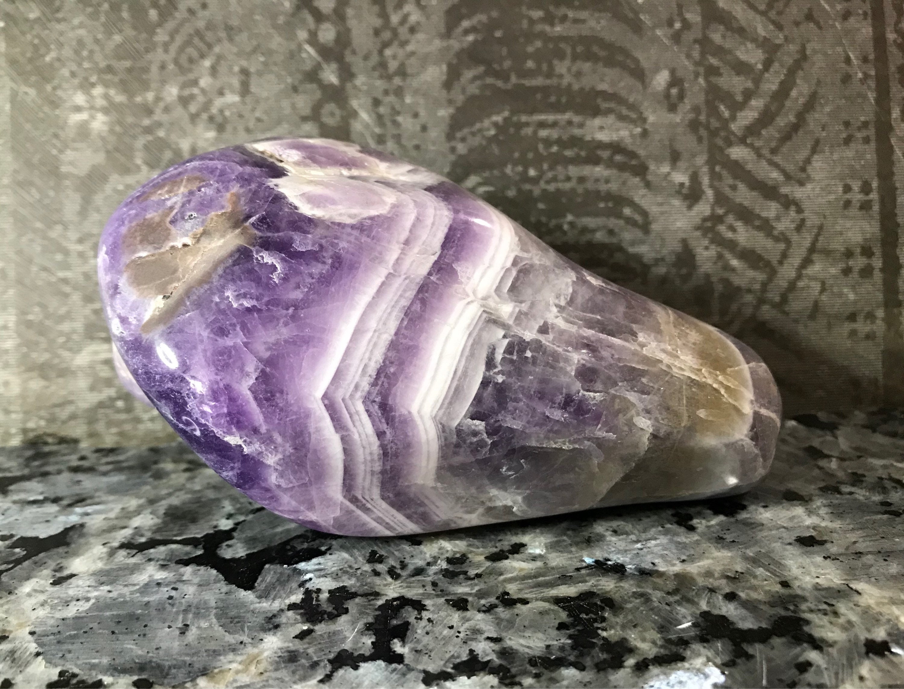 0 91 LBS Large Chevron Amethyst Free Form Palm Stone Polished Natural 