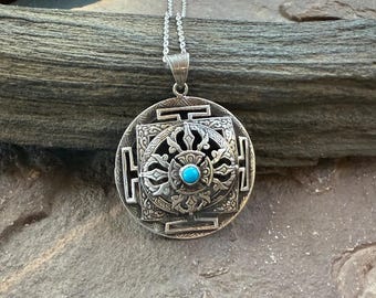 Tibetan Wheel of Life Mandala Pendant, Auspicious Symbol, .925 Sterling Silver, Chain Included