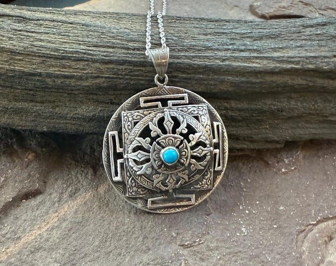 Tibetan Wheel of Life Mandala Pendant, Auspicious Symbol, .925 Sterling Silver, Chain Included