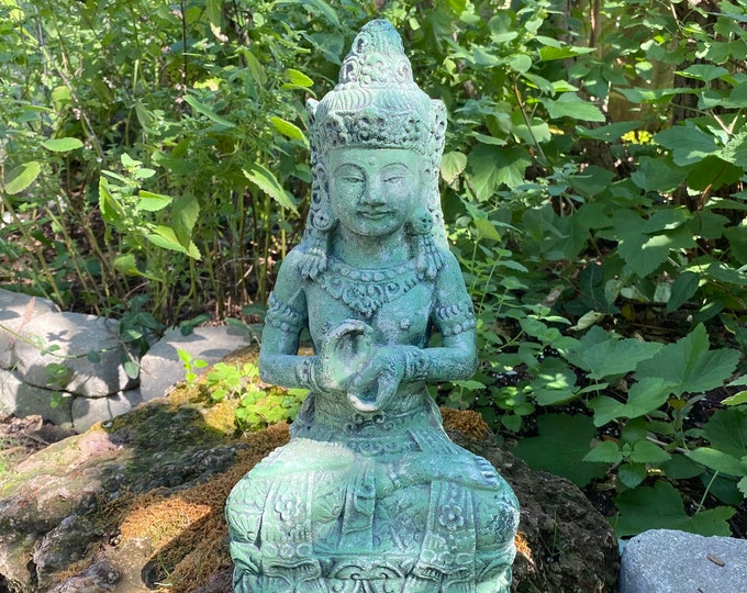 Green Tara, Volcanic Stone Statue, Bodhisattva of Compassion, 13.50 LBS+ Indonesia, Being of Reverence