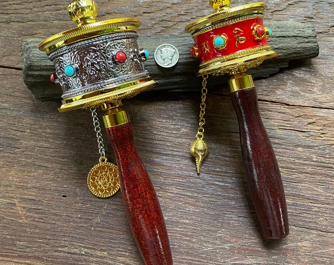 Tibetan Prayer Wheel, Handheld, Brass with Wooden Handle, Ritual Implement, Nepal, Please Choose Size and Color