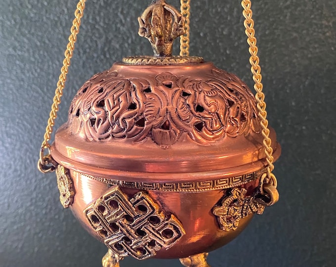 Tibetan Hanging Incense Burner, Copper with Brass Details, 2/3 LB- India TIB11454