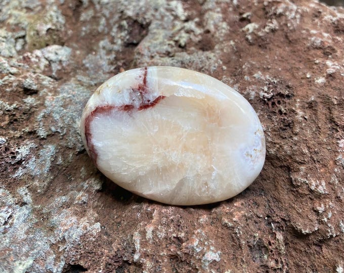 Peach & White Stilbite with Red Heulandite, Polished Palm Stone, Schiller, India, 69.60 Grams, CR11918