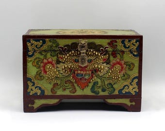 Hand Painted Tibetan Cheppu Wooden Green Box, Brass Latch, Nepal, 2 LBS+ Unpackaged