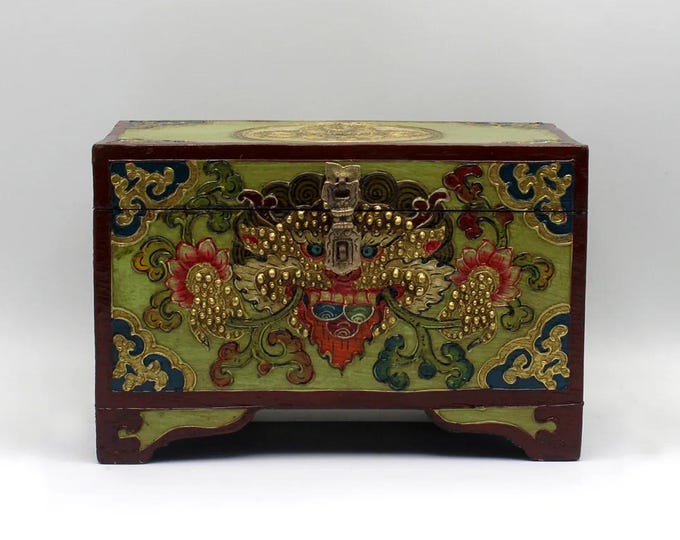 Hand Painted Tibetan Cheppu Wooden Green Box, Brass Latch, Nepal, 2 LBS+ Unpackaged