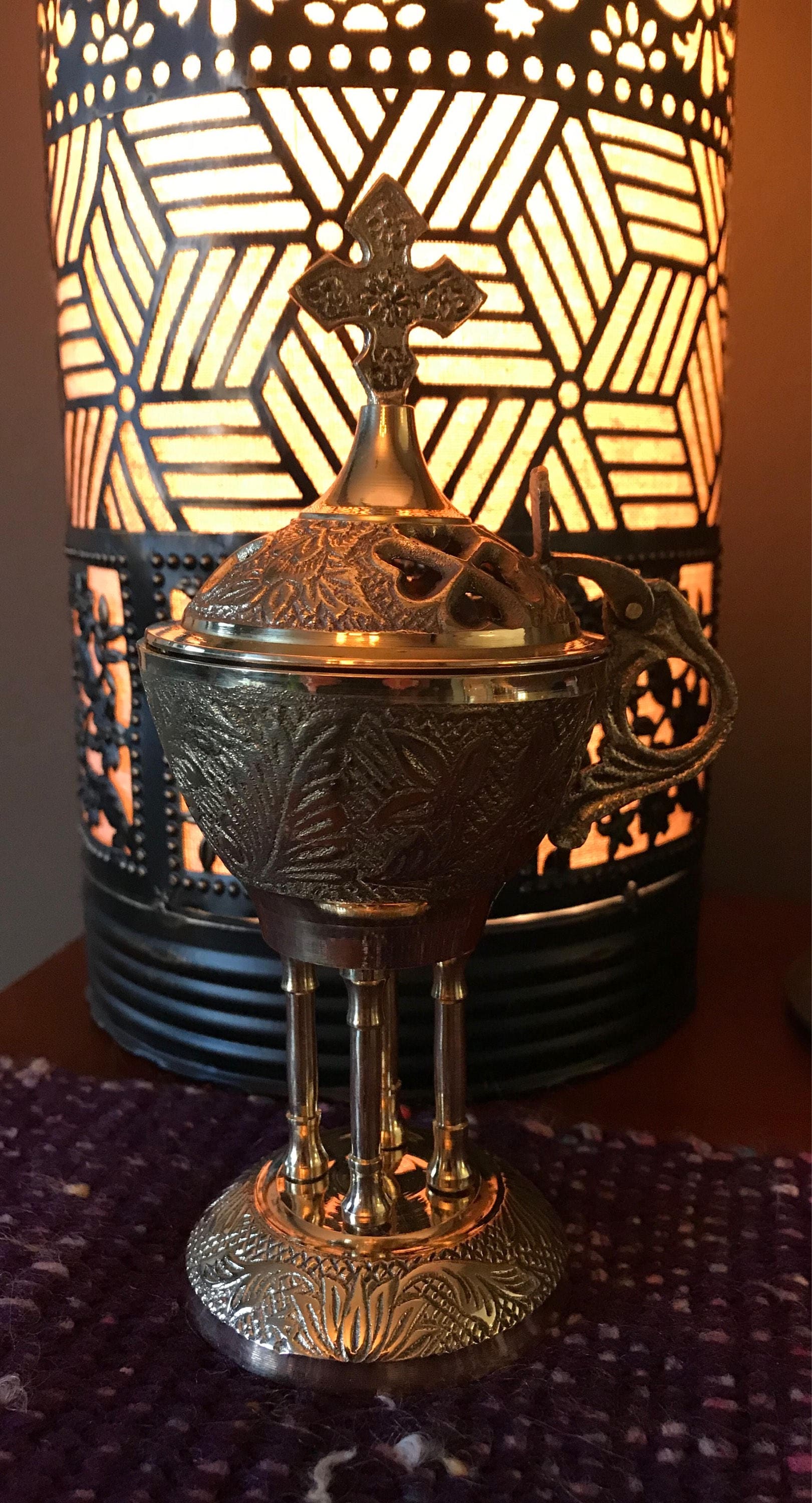 Brass ChurchType Incense Burner, Attached Lid, for Charcoal or Cones