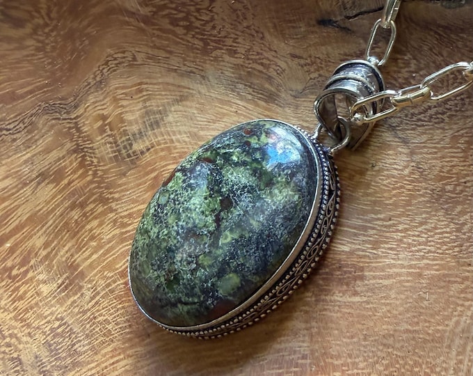 Dragon Stone Pendant, Epidote & Red Jasper, Hallmarked .925 Sterling Silver, 26" Cable Chain, India, LS12825